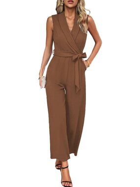 Women's Jumpsuit Brown Dressy Casual Sleeveless High Waist Wide Leg Pant Rompers